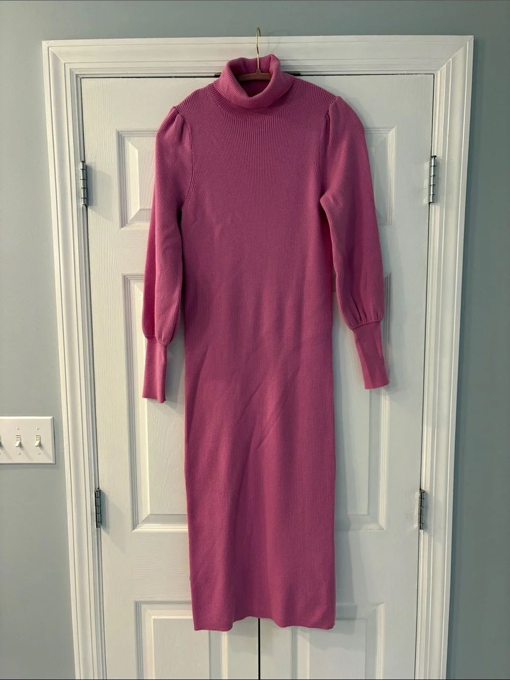 Maternity Hatch Pink Turtleneck Puff-Sleeve Midi Dress
